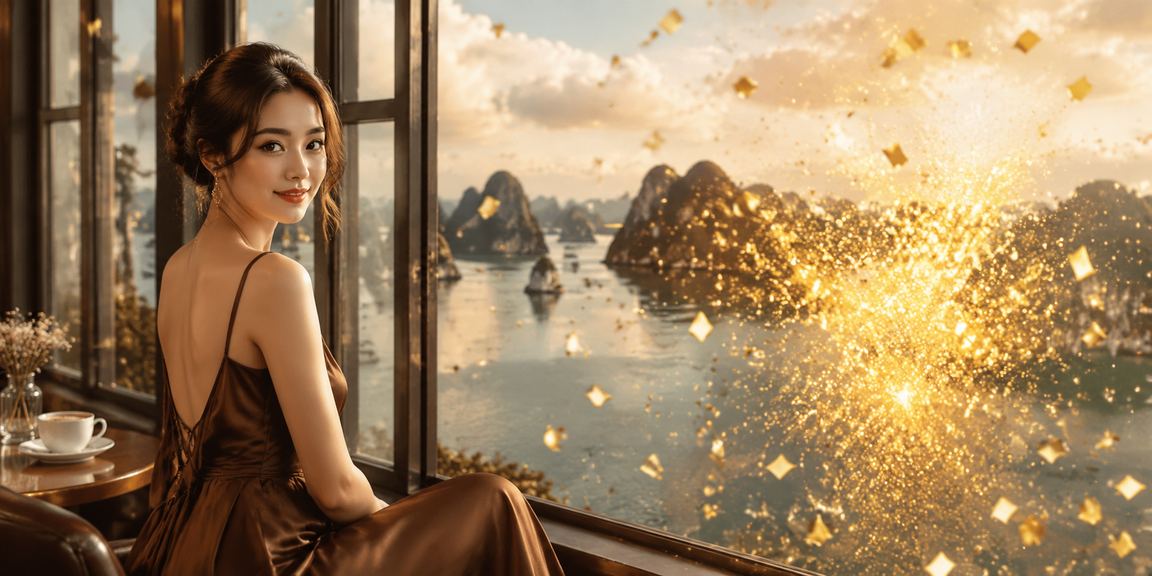 Người dùng nhận thưởng VIP tại quán cà phê ven vịnh Hạ Long, Việt Nam